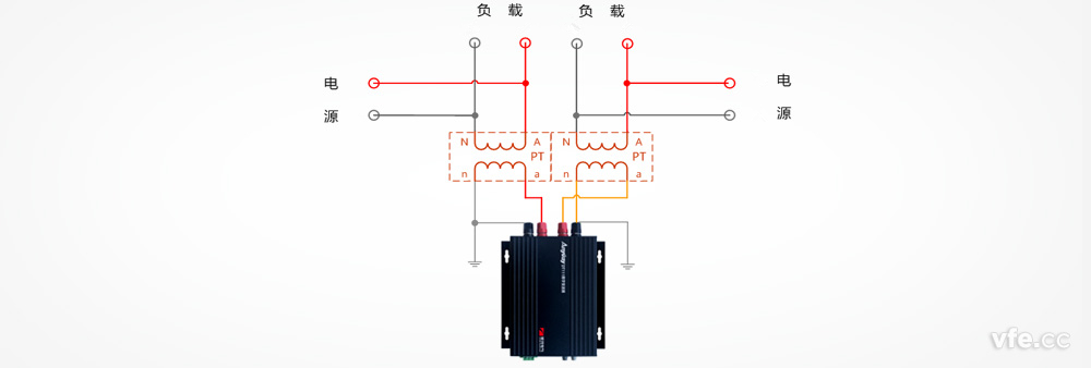 DT122數(shù)字變送器與2個單相電壓互感器接線圖