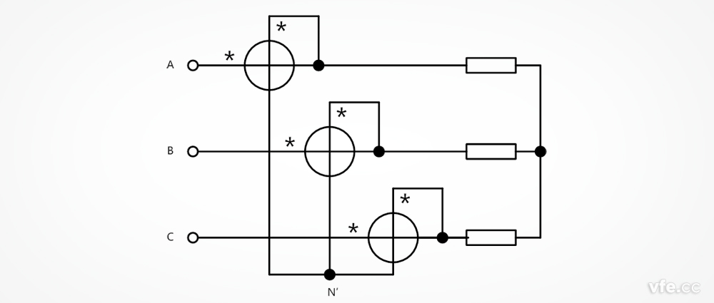 三相三線制電功率測量時的SP系列變頻功率傳感器接線圖(虛擬中性點的三瓦計法)